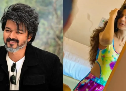 A collage of Thalapathy Vijay and Ameesha Patel looking worried