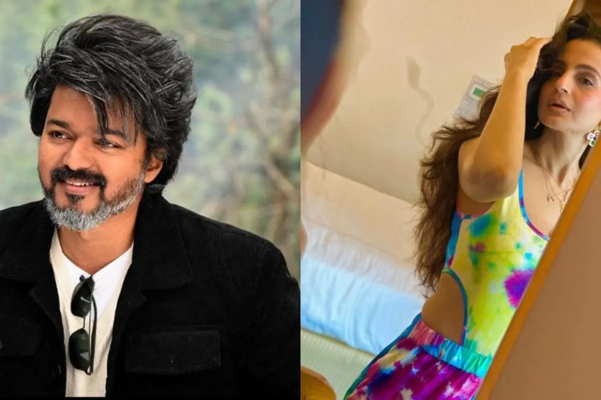 A collage of Thalapathy Vijay and Ameesha Patel looking worried