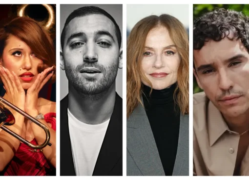 A composite image showing Isabelle Huppert, Dali Benssalah, Adam Bessa, and Raye.