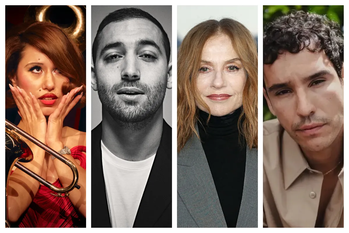 A composite image showing Isabelle Huppert, Dali Benssalah, Adam Bessa, and Raye.
