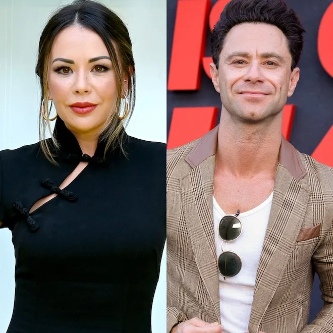 Janel Parrish and Sasha Farber sharing a romantic moment.