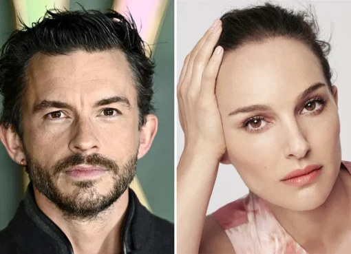 Jonathan Bailey and Natalie Portman smiling at a film premiere.