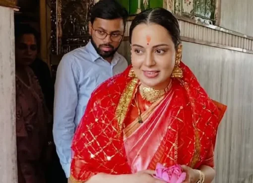 Kangana Ranaut wearing a mangalsutra in a still from a movie set.