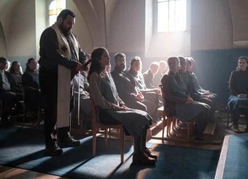 Marion Cotillard and Denis Ménochet looking intense in a scene from the movie 'Karma'.