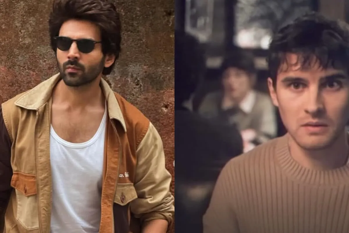 Kartik Aaryan smiling, possibly in a movie scene.