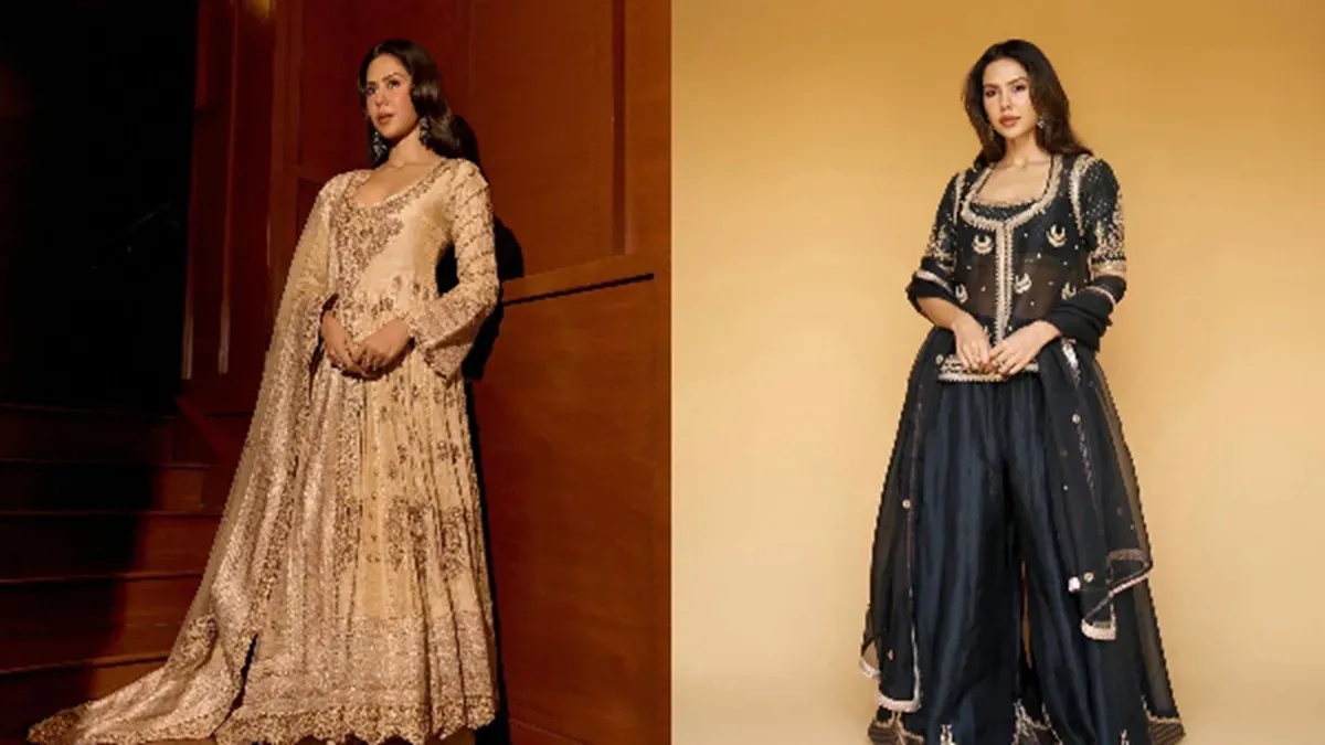 Sonam Bajwa posing in a vibrant traditional Indian outfit.
