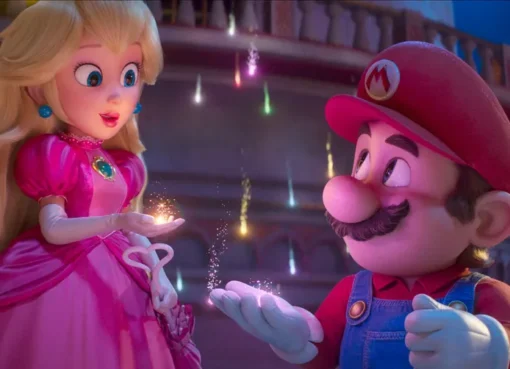 Mario jumping through a colorful galaxy, with stars and planets in the background.