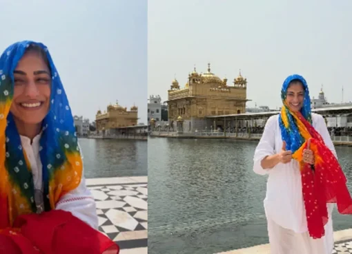 Kubbra Sait smiling serenely at the Golden Temple in Amritsar, with the golden shrine in the background.