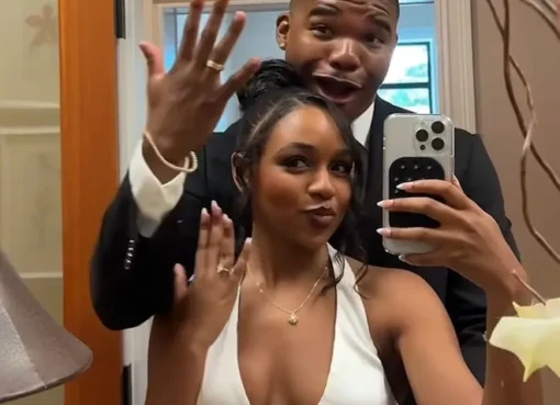 Jalen Brown and Joiya Lanae smiling at their wedding.