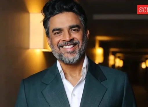 R. Madhavan looking serious, perhaps reacting to a screen displaying a fake advertisement.