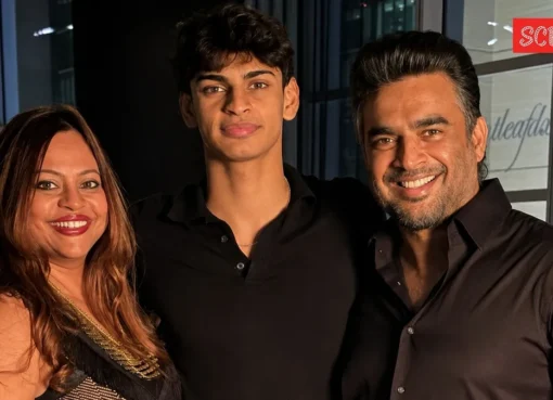 R. Madhavan and his son Vedaant smiling.