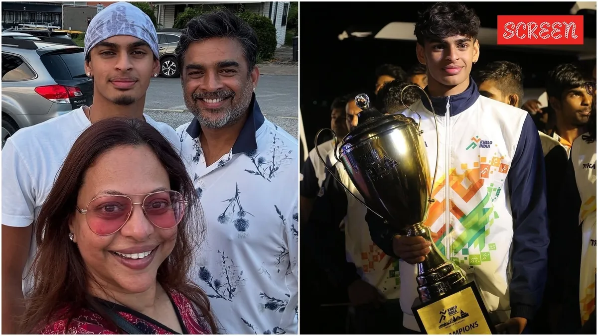 Actor R. Madhavan and his son Vedaant smiling.