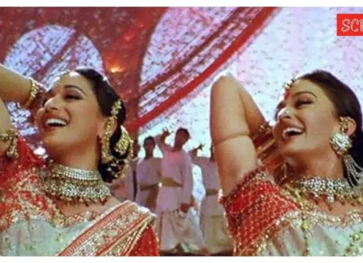 Madhuri Dixit in her iconic 'Dola Re' costume, gracefully dancing.