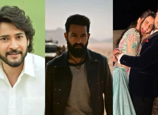 Mahesh Babu smiling, Jr NTR looking intense, and Tejasswi Prakash with Karan Kundrra.