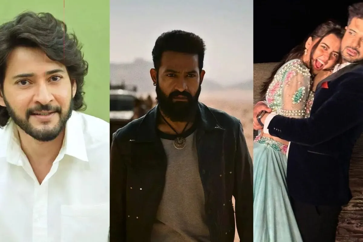 Mahesh Babu smiling, Jr NTR looking intense, and Tejasswi Prakash with Karan Kundrra.