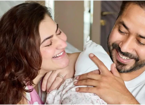 Shivaleeka Oberoi and Abhishek Pathak holding their newborn baby girl, Aarika, in a sweet family photo.