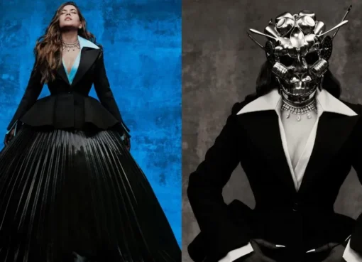Ananya Birla posing on the Met Gala red carpet in a black couture gown and a metallic face mask.