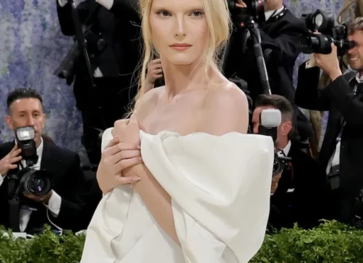 Model Alex Consani poses in a sheer Gucci gown at the Met Gala 2026.