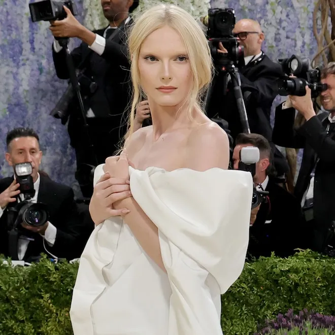 Model Alex Consani poses in a sheer Gucci gown at the Met Gala 2026.