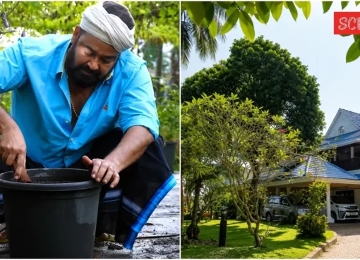 Mohanlal standing proudly in his lush organic farm.