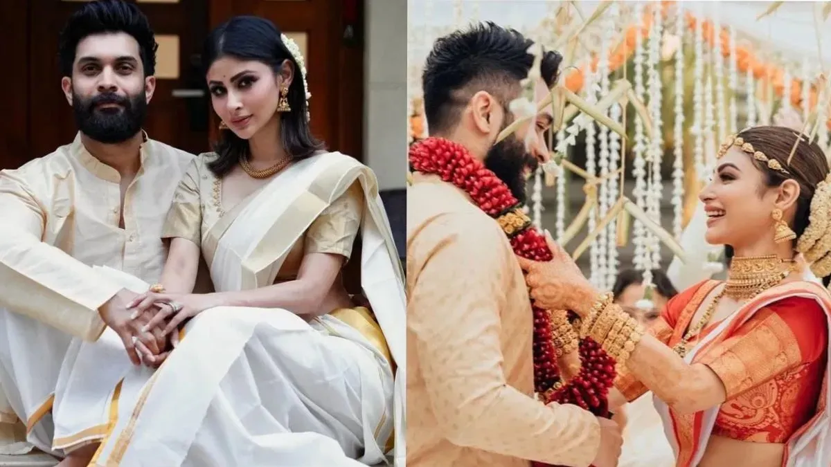 Mouni Roy and Suraj Nambiar in a wedding photo.