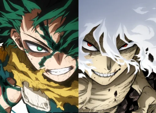 Animated characters from My Hero Academia cheering and celebrating with a large trophy on a stage.