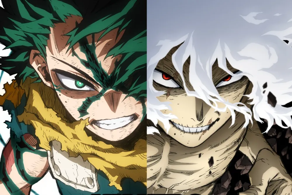 Animated characters from My Hero Academia cheering and celebrating with a large trophy on a stage.
