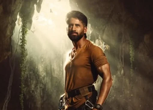 Naga Chaitanya and Meenakshi Chaudhary in an adventure thriller movie scene.