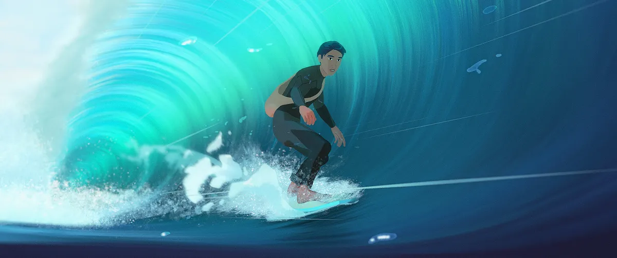 A still from the animated film 'In Waves,' depicting two characters in a warm embrace with a soft, artistic background.
