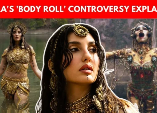 Nora Fatehi in a golden, fantastical costume from the 'Body Roll' music video, emerging dramatically from water.