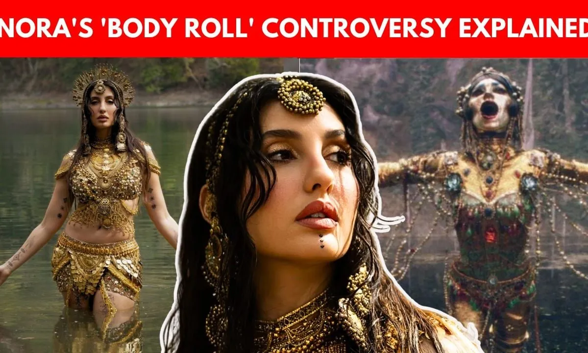 Nora Fatehi in a golden, fantastical costume from the 'Body Roll' music video, emerging dramatically from water.