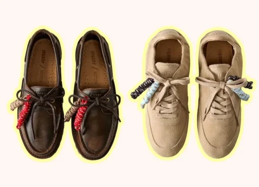 A collection of trendy Aritzia shoes, including Nike sneakers and Sperry boat shoes, displayed on sale.