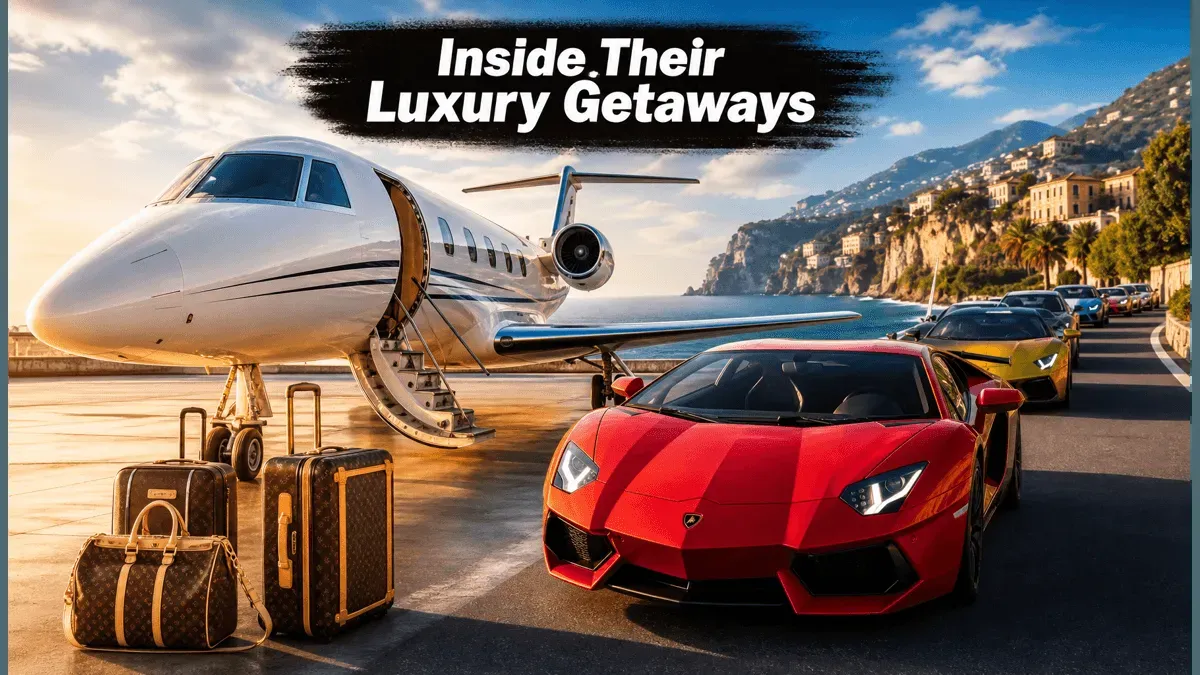 A sleek private jet parked on a runway with luxury supercars lined up next to it, representing Bollywood stars' Eid-al-Adha 2026 getaways.