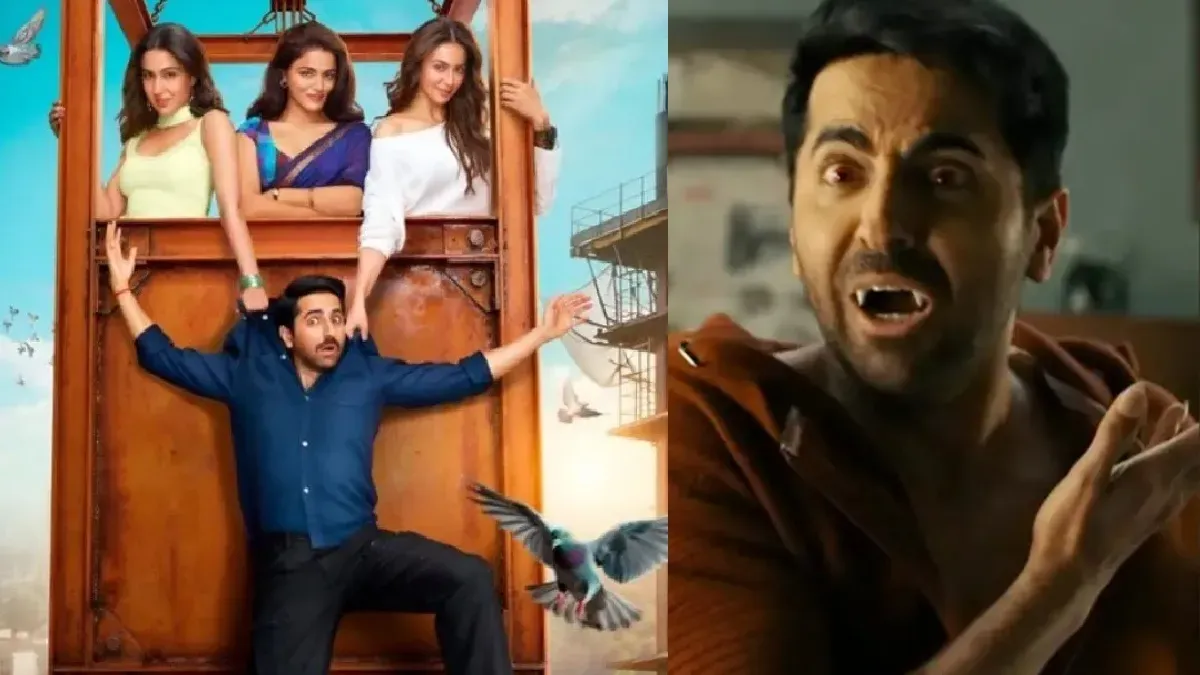 Ayushmann Khurrana smiling in a promotional image for Pati Patni Aur Woh Do.