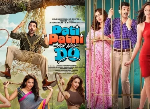 Ayushmann Khurrana smiling on the vibrant poster for Pati Patni Aur Woh Do.