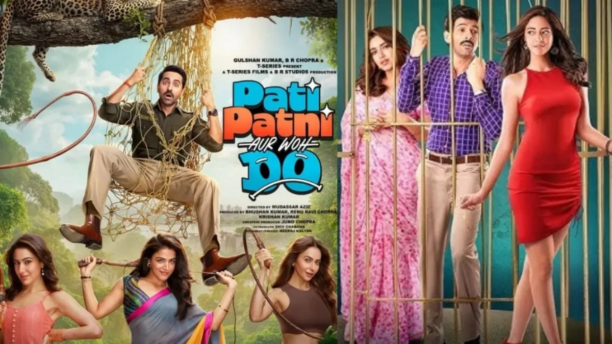 Ayushmann Khurrana smiling on the vibrant poster for Pati Patni Aur Woh Do.