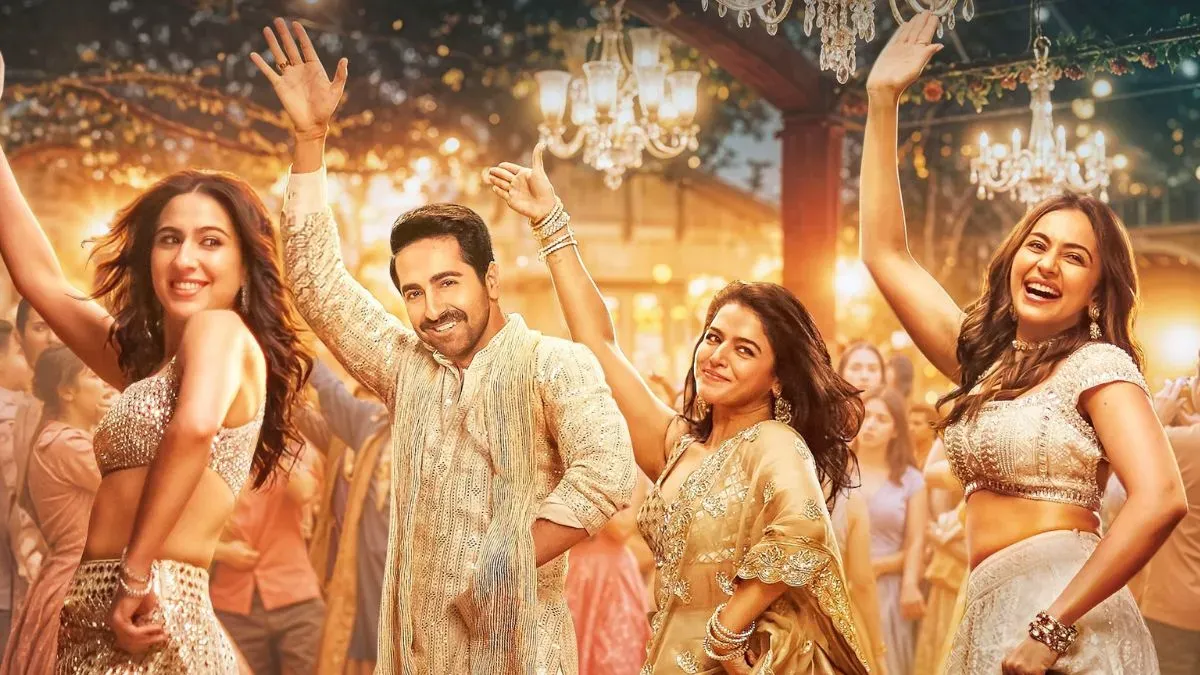 A movie poster for 'Pati Patni Aur Woh Do' showing the main actors.
