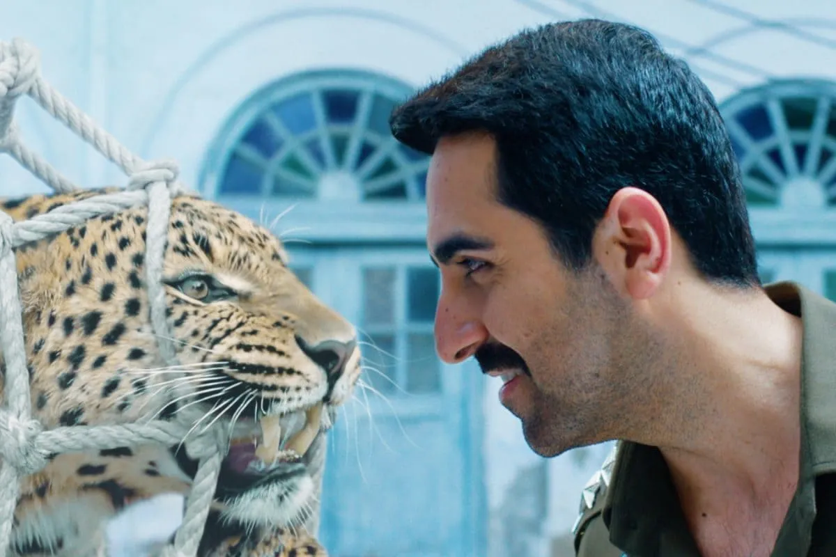 Ayushmann Khurrana looking energetic in a colorful comedy movie scene