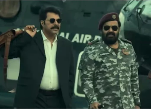 Mohanlal and Mammootty looking intense in a promotional still for their spy-action film, Patriot, celebrating its box office success.