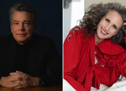 Peter Gallagher and Andie MacDowell smiling together.
