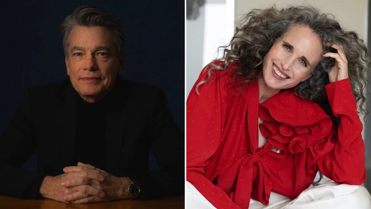 Peter Gallagher and Andie MacDowell smiling together.