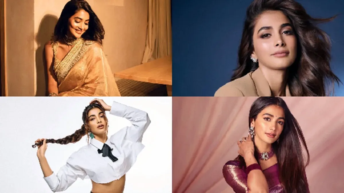 Pooja Hegde at a film event, smiling brightly, dressed in stylish attire.