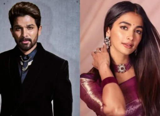 Pooja Hegde and Allu Arjun smiling together in a still from a film.
