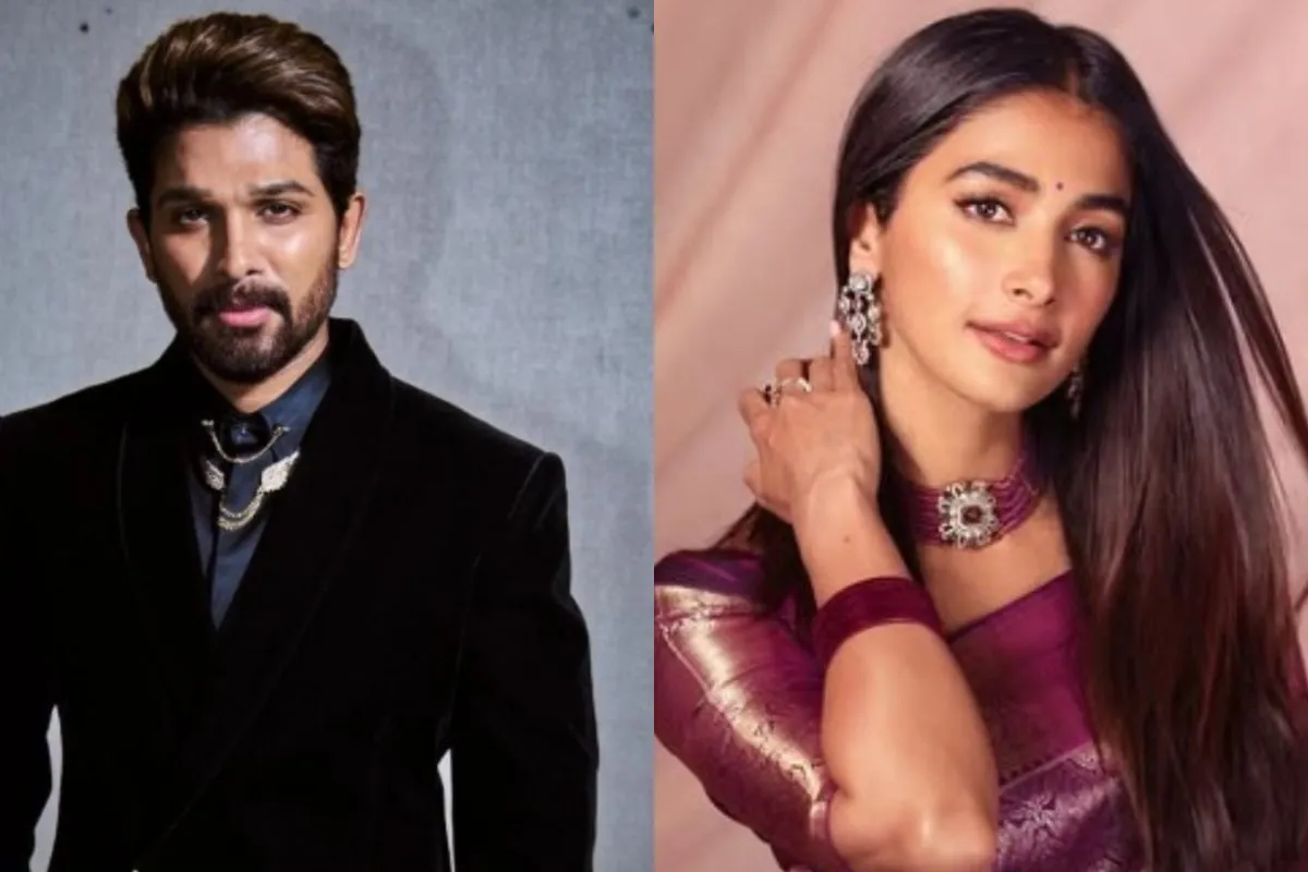 Pooja Hegde and Allu Arjun smiling together in a still from a film.