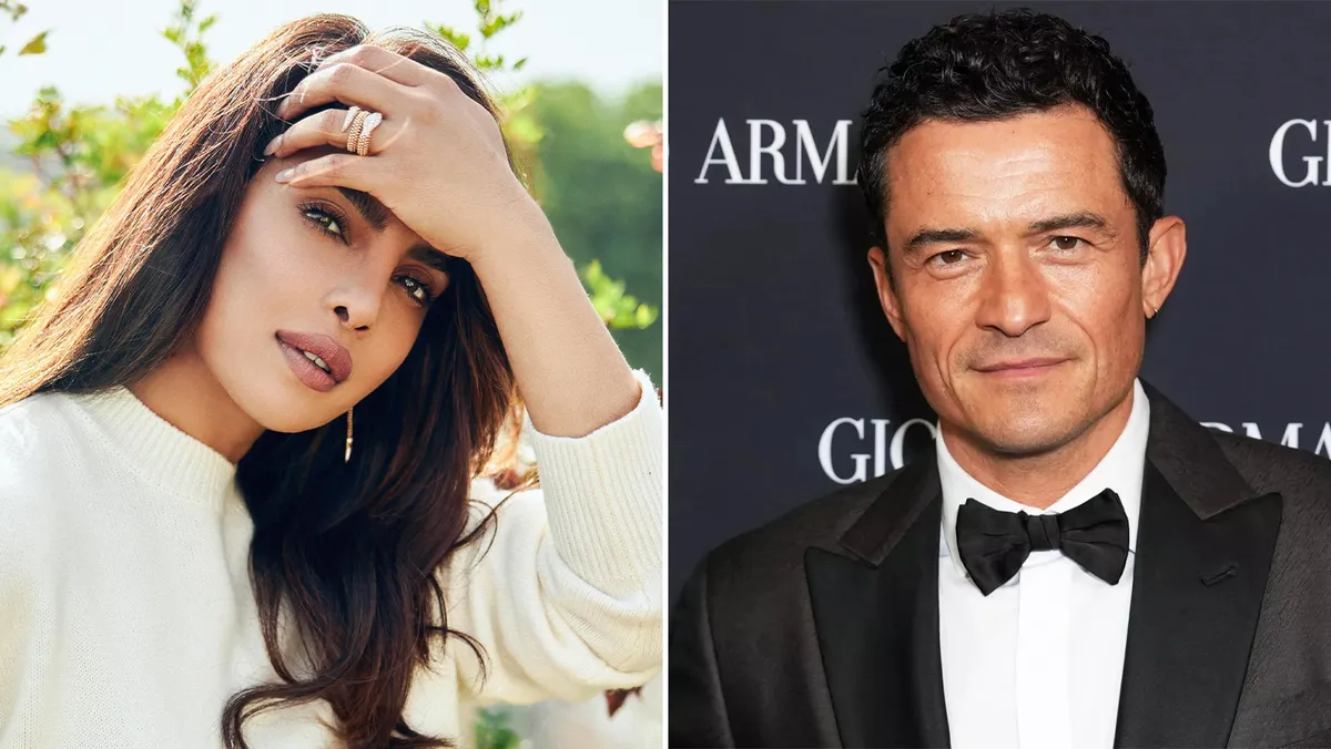 Priyanka Chopra Jonas and Orlando Bloom posing for a portrait.