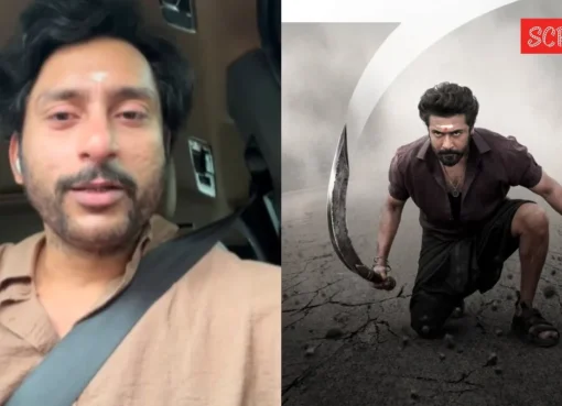RJ Balaji looking concerned, next to a movie poster for Suriya's Karuppu.