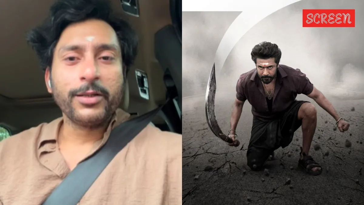RJ Balaji looking concerned, next to a movie poster for Suriya's Karuppu.