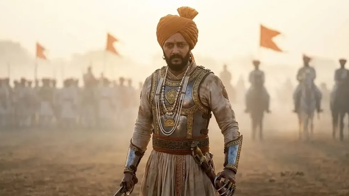 A movie poster for Raja Shivaji featuring Riteish Deshmukh in a regal costume.