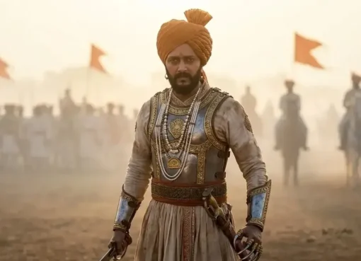 Riteish Deshmukh in character as Raja Shivaji, looking determined.