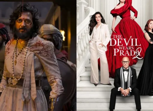 A movie theatre marquee displaying showtimes for 'Raja Shivaji' and 'The Devil Wears Prada 2' with post-midnight listings.
